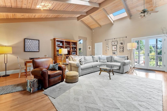 living room with a skylight, high vaulted ceiling, wooden ceiling, beamed ceiling, and light wood-type flooring