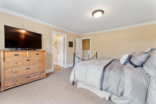 bedroom featuring light carpet and ornamental molding