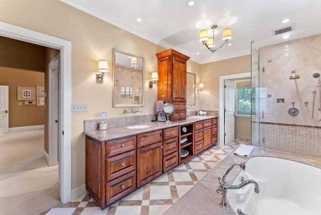 bathroom featuring vanity, crown molding, plus walk in shower, and a chandelier