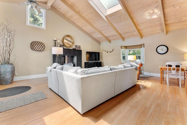 living room with beamed ceiling, high vaulted ceiling, light wood-type flooring, and a skylight