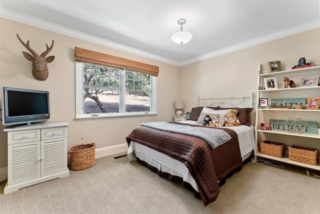 bedroom featuring light carpet and ornamental molding