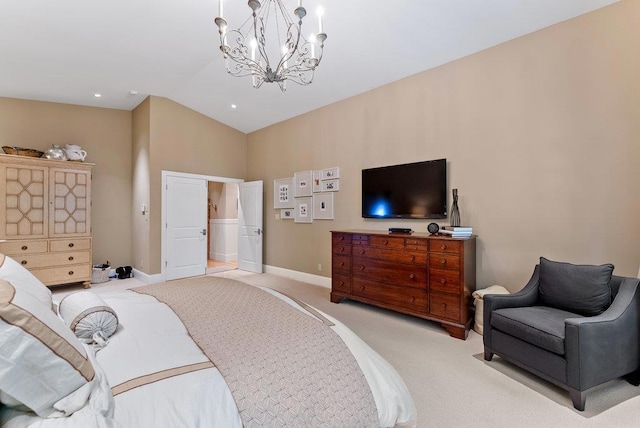 carpeted bedroom with lofted ceiling and a chandelier