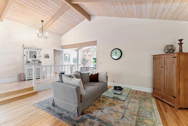 living room with high vaulted ceiling, a chandelier, wood ceiling, beam ceiling, and light hardwood / wood-style flooring