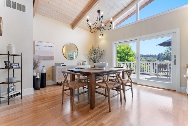 dining area with beamed ceiling, wooden ceiling, an inviting chandelier, and light hardwood / wood-style flooring