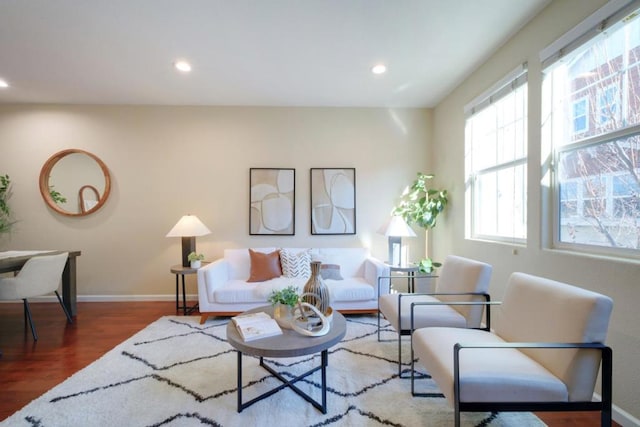 living room featuring dark wood-type flooring