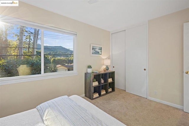 bedroom featuring a mountain view, light colored carpet, and a closet