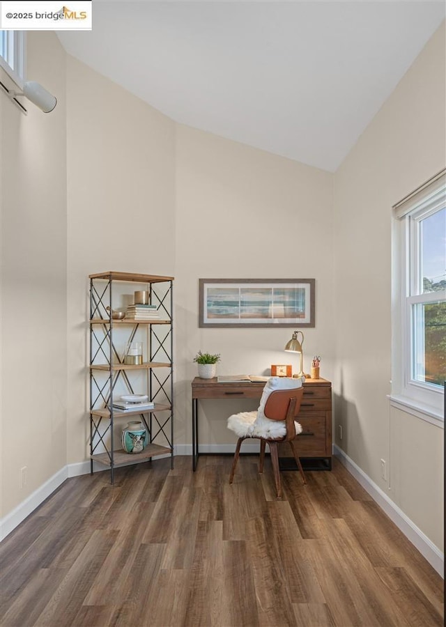 office featuring dark hardwood / wood-style flooring and vaulted ceiling