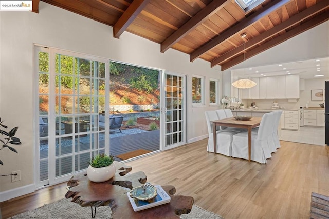 interior space featuring wooden ceiling and vaulted ceiling with skylight