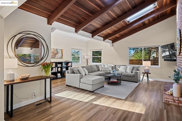 living room with beamed ceiling, wood ceiling, a skylight, hardwood / wood-style flooring, and high vaulted ceiling