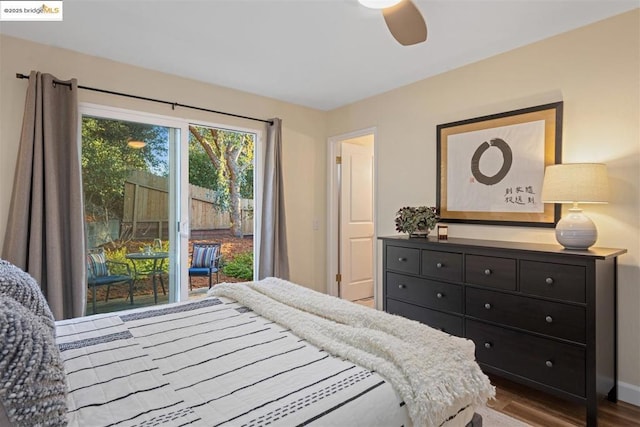 bedroom with ceiling fan, access to outside, and hardwood / wood-style flooring