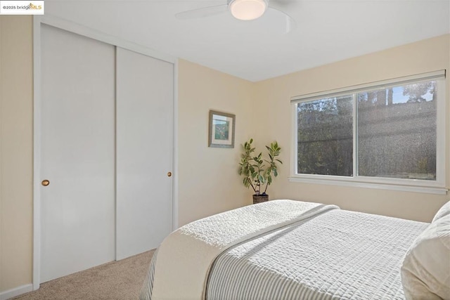 carpeted bedroom with ceiling fan and a closet