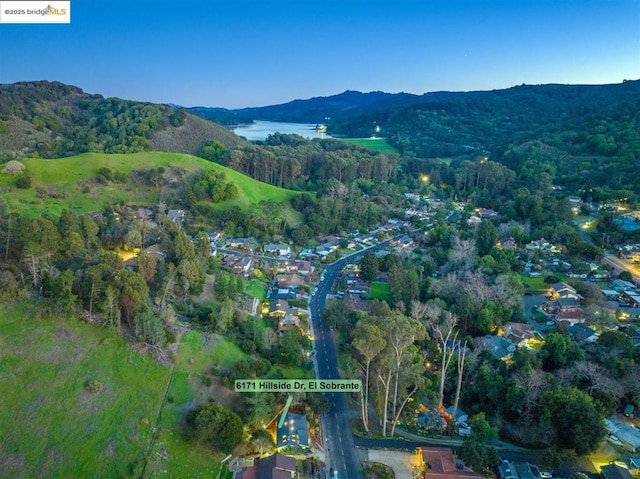 bird's eye view featuring a water and mountain view