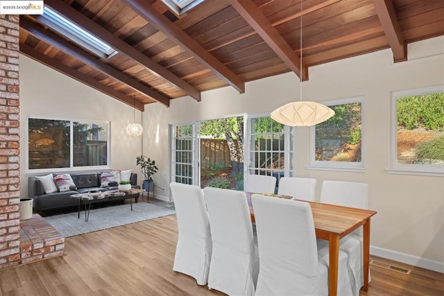 dining space with light wood-type flooring, beamed ceiling, a wealth of natural light, and a skylight