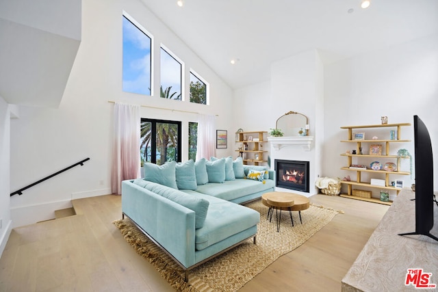 living room featuring high vaulted ceiling and light hardwood / wood-style floors