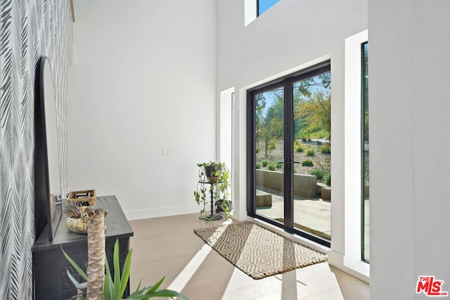 doorway featuring light wood-type flooring, plenty of natural light, french doors, and a high ceiling