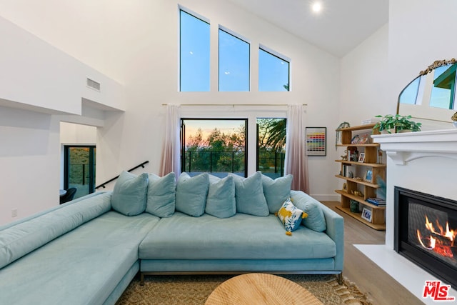 living room featuring a towering ceiling