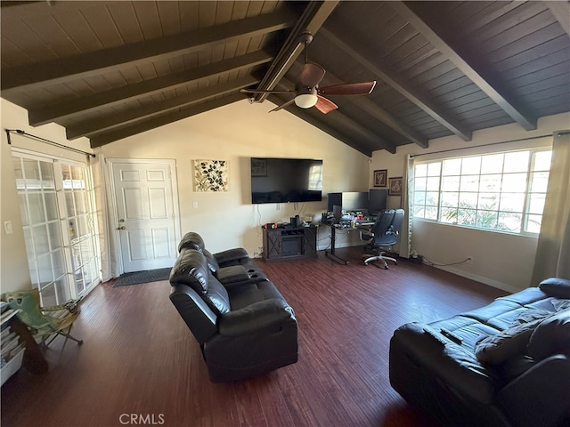 living room featuring dark hardwood / wood-style floors, wooden ceiling, and lofted ceiling with beams