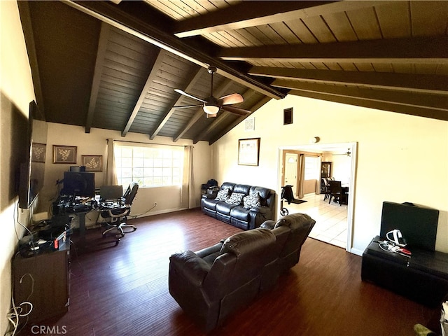 living room featuring wood ceiling, hardwood / wood-style flooring, ceiling fan, and vaulted ceiling with beams