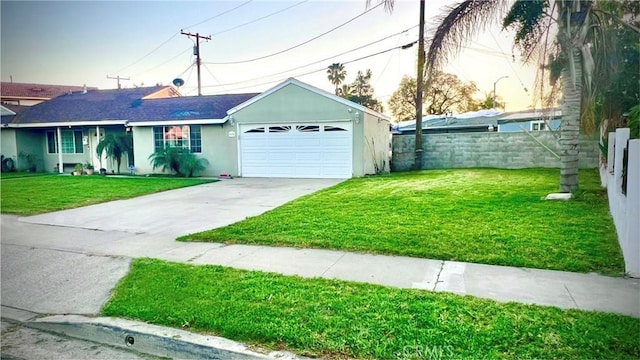 ranch-style home with a front yard, concrete driveway, an attached garage, and stucco siding