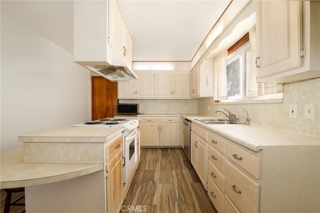 kitchen with hardwood / wood-style floors, white electric stove, sink, backsplash, and stainless steel dishwasher