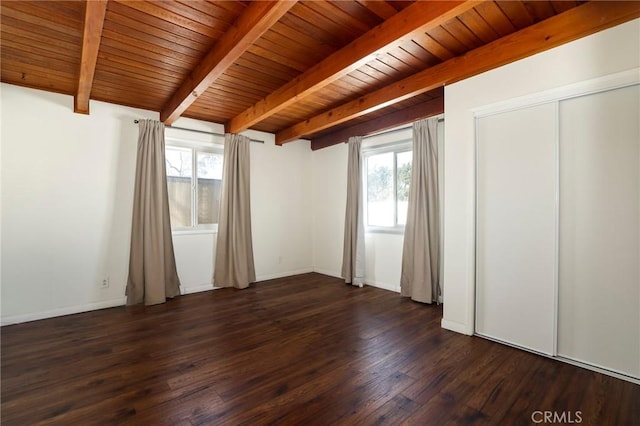 unfurnished bedroom with beam ceiling, dark wood-type flooring, and wooden ceiling