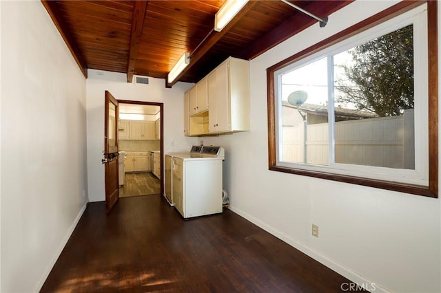 laundry area with wooden ceiling, cabinets, dark hardwood / wood-style floors, and washing machine and dryer