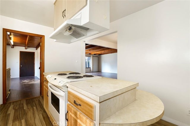 kitchen with white electric range, beamed ceiling, dark hardwood / wood-style floors, and wooden ceiling