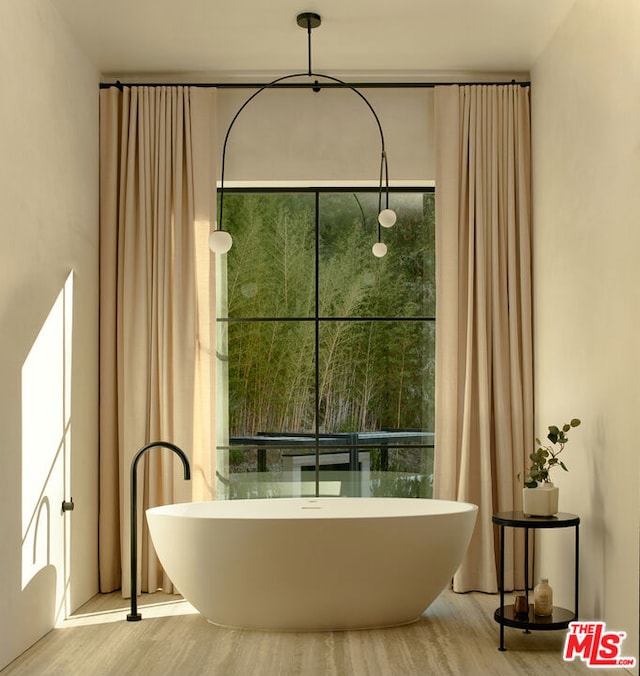 bathroom with a bath and hardwood / wood-style flooring