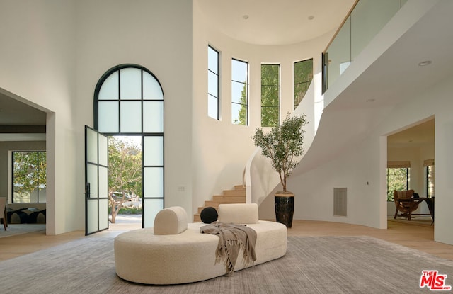 sitting room featuring light wood-type flooring and a high ceiling