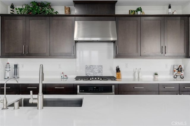 kitchen featuring sink, dark brown cabinetry, stainless steel appliances, and extractor fan