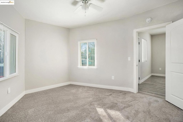 unfurnished room with carpet floors and ceiling fan