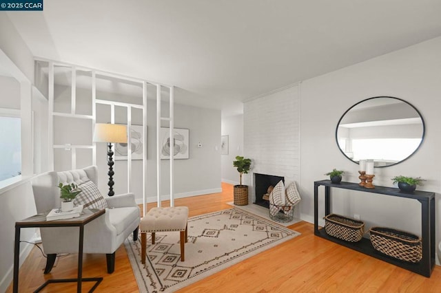 living area featuring hardwood / wood-style floors and a large fireplace