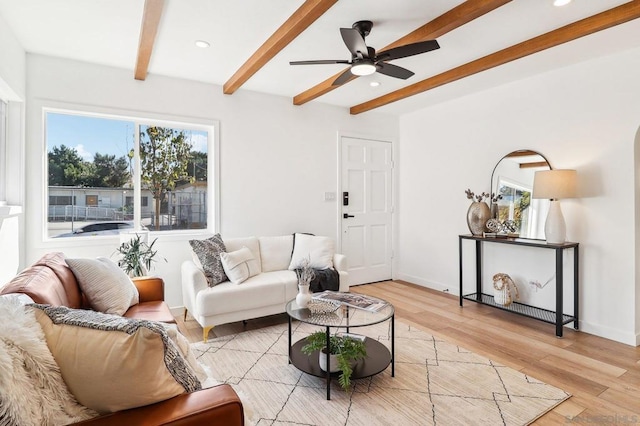 living room featuring beam ceiling, light hardwood / wood-style flooring, and ceiling fan