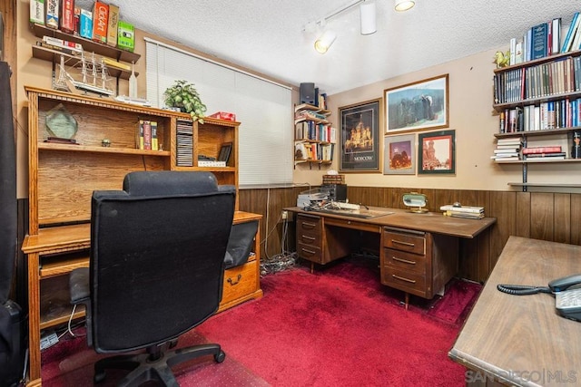 home office featuring wood walls, a textured ceiling, dark carpet, and track lighting