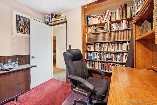 carpeted office space with a textured ceiling and wooden walls