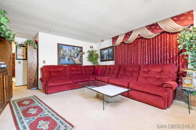 carpeted living room featuring a textured ceiling