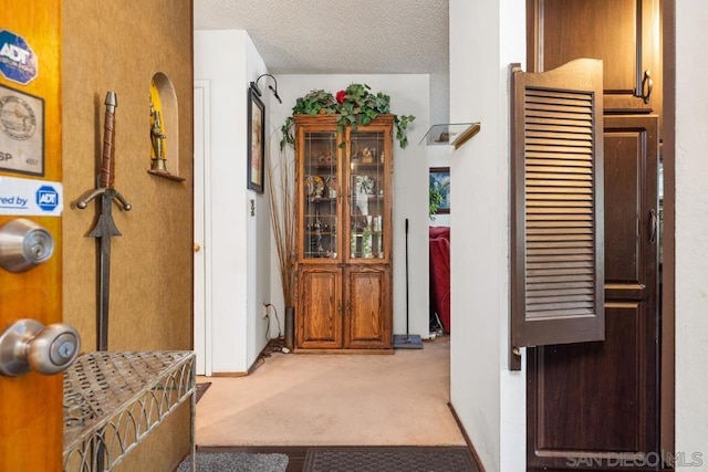 corridor featuring light colored carpet and a textured ceiling