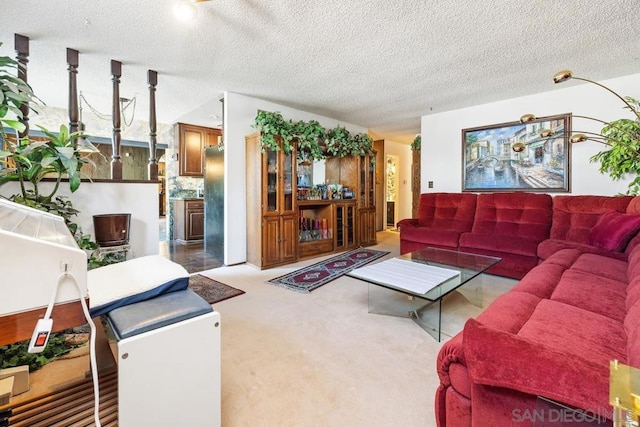 living room with a textured ceiling