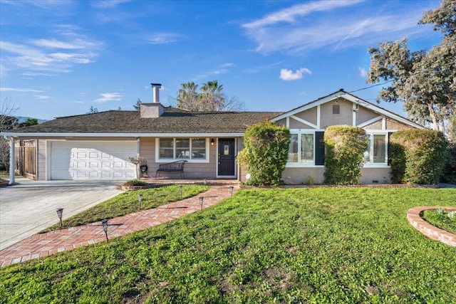 ranch-style house with a garage and a front yard