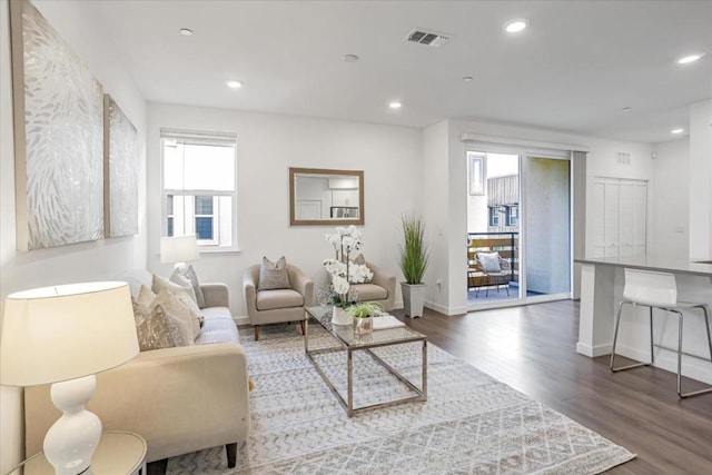 living room with dark hardwood / wood-style floors