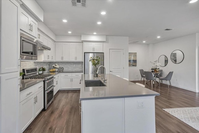 kitchen featuring sink, white cabinetry, stainless steel appliances, and a kitchen island with sink