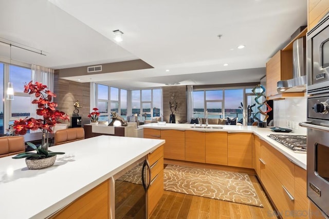 kitchen featuring a wealth of natural light, appliances with stainless steel finishes, light wood-type flooring, and wine cooler