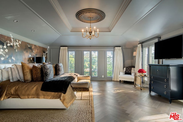 bedroom featuring ornamental molding, a notable chandelier, a tray ceiling, and parquet flooring