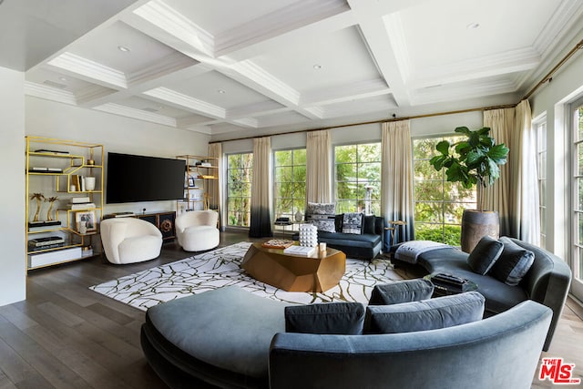 living room with hardwood / wood-style floors, crown molding, beamed ceiling, and coffered ceiling