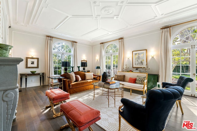 living room featuring wood-type flooring, coffered ceiling, french doors, and crown molding