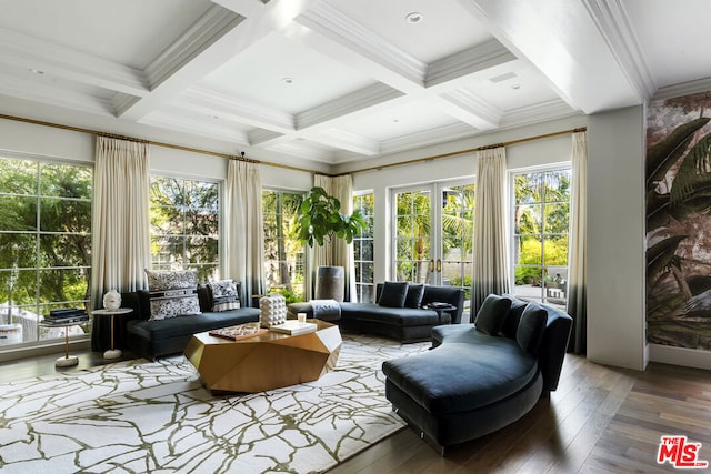 sunroom with beam ceiling, french doors, and coffered ceiling