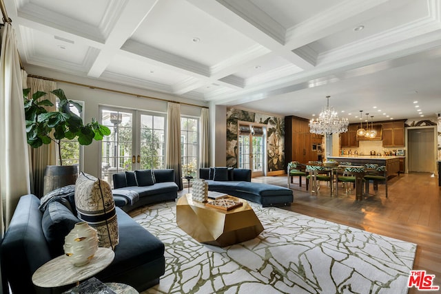 living room with crown molding, french doors, light parquet flooring, coffered ceiling, and beamed ceiling