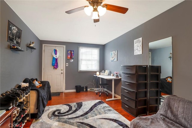 office space featuring ceiling fan and hardwood / wood-style floors