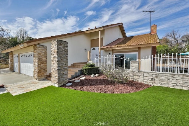 3179 Canal Point Dr, Hacienda Heights, CA 91745 - view of front of property with stucco siding, a garage, concrete driveway, stone siding, and a chimney