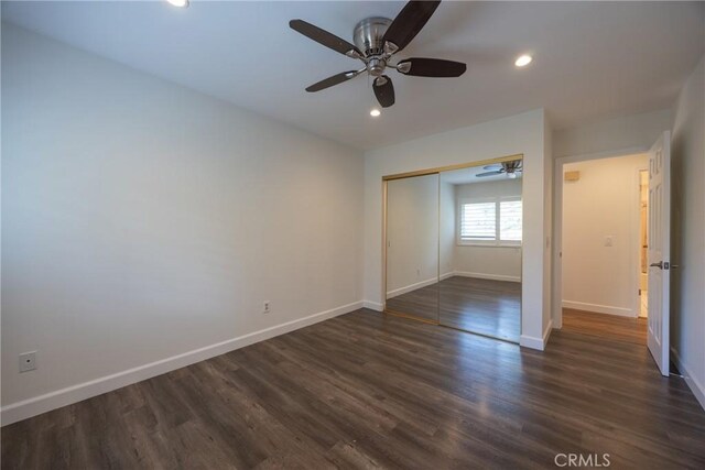 3179 Canal Point Dr, Hacienda Heights, CA 91745 - unfurnished bedroom featuring baseboards, dark wood-type flooring, recessed lighting, a closet, and ceiling fan